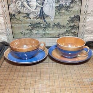 2 Meito Saucers and 2 Cups China Lusterware Peach Blue Iridescent Japan Vintage